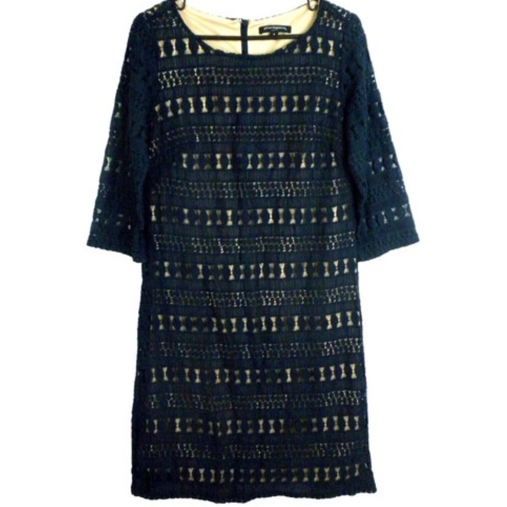 Sharagano Shift Dress Womens 8 Navy Blue Crochet Lace 3/4 Sleeve Sheath Overlay